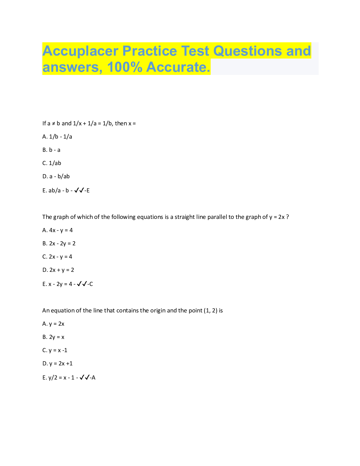 Preview image for Accuplacer Practice Test Questions and  answers, 100% Accurate.